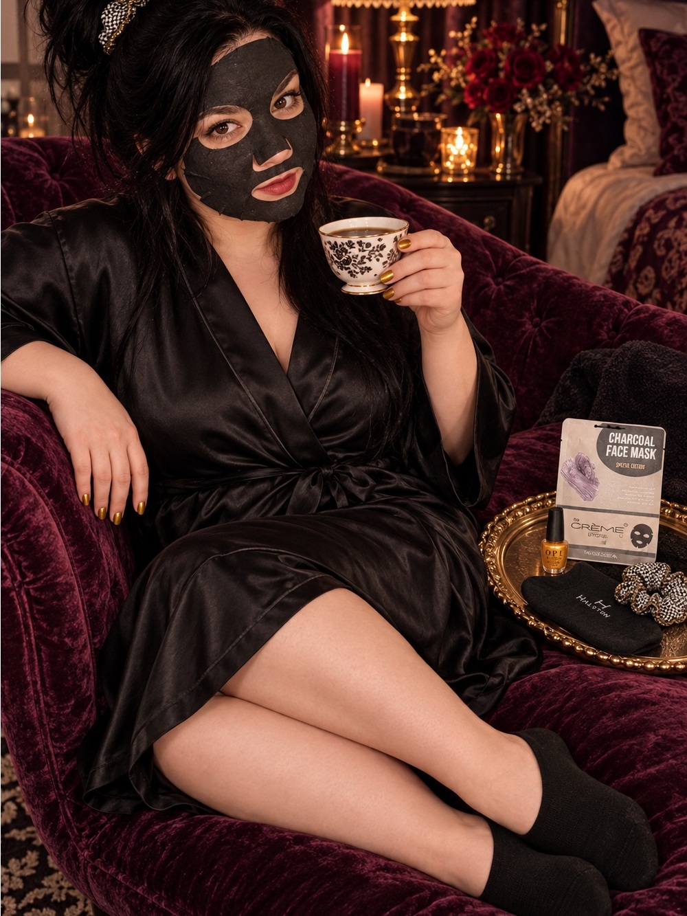 Halston Heritage Black No-Show Socks, Gold Opi nailpolish, Charcoal Face Mask